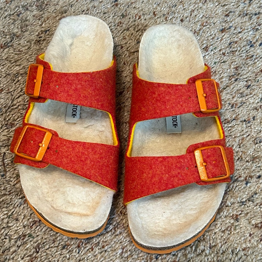 Rare Birkenstock Sandals. Bright Orange, Shearling Lined, Size 36 EUR, 5 US.